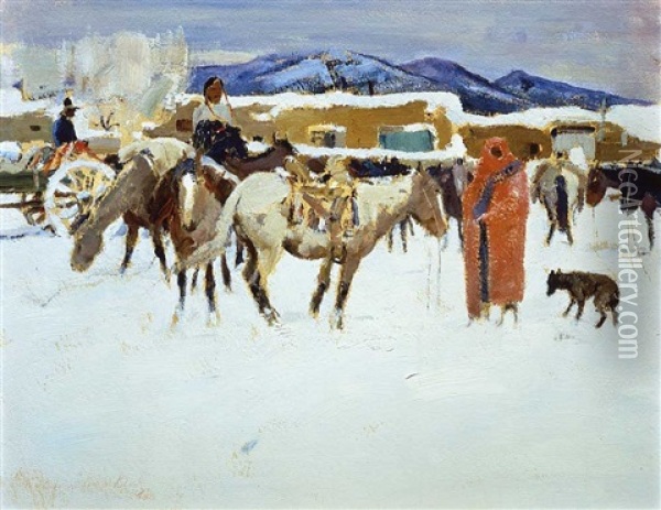 Taos Winter Morning Oil Painting - Laverne Nelson Black