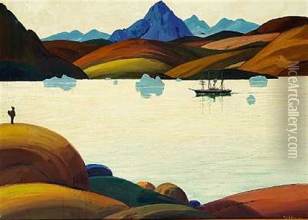 Gronlandsk Fjordparti Oil Painting - Emanuel A. Petersen