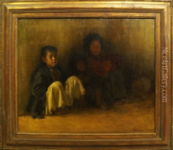 Mother And Two Children Seated On A Pavement Oil Painting - Hans Larwin