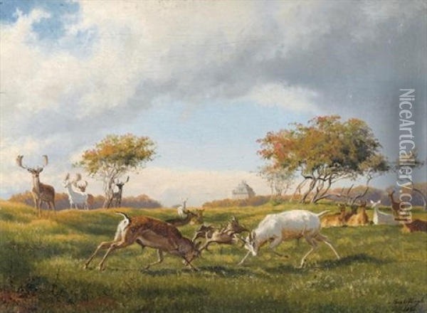 Hirschkampf In Danischer Landschaft Oil Painting - Carl Henrik Bogh