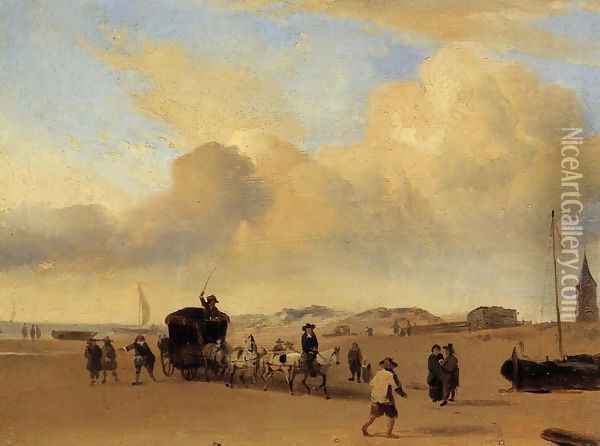 The Beach at Scheveningen (after Adriaen van de Valde) Oil Painting - Eugene Boudin