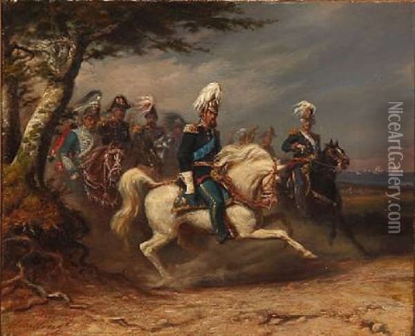 King Frederik Vii Of Denmark On Horseback In Front Of His Staff During The First Schleswian War Oil Painting - Ole Peter Hansen Balling