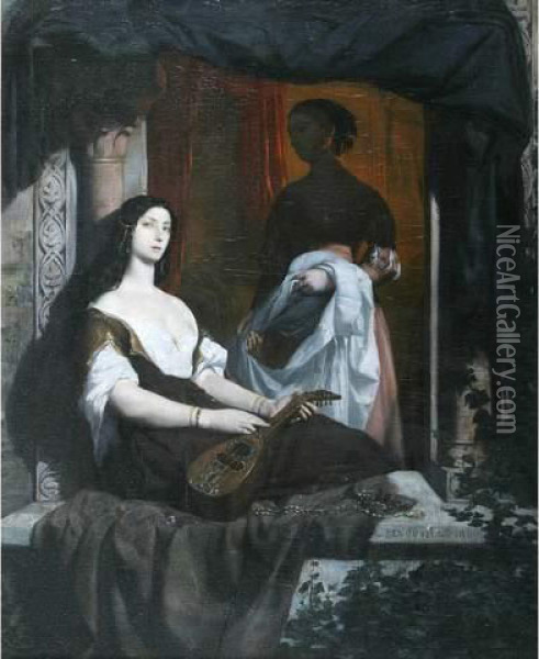 Odalisque A La Mandoline Oil Painting - Francois Leon Benouville