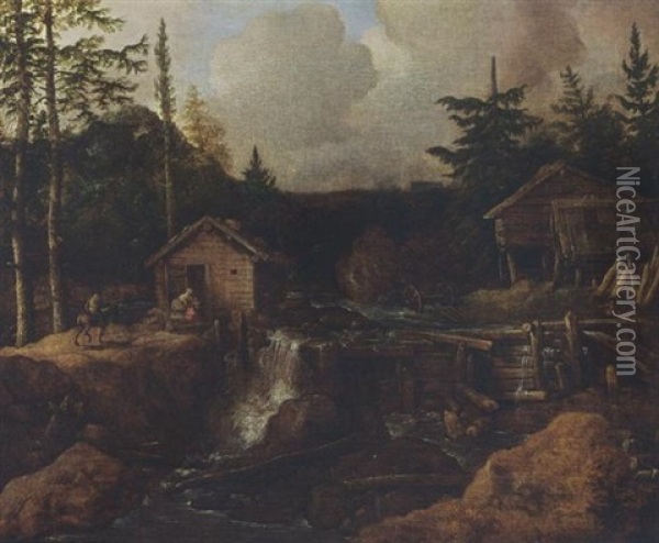A Scandinavian Wooded Landscape With Figures Near A Waterfall, A Timberyard Nearby Oil Painting - Allaert van Everdingen