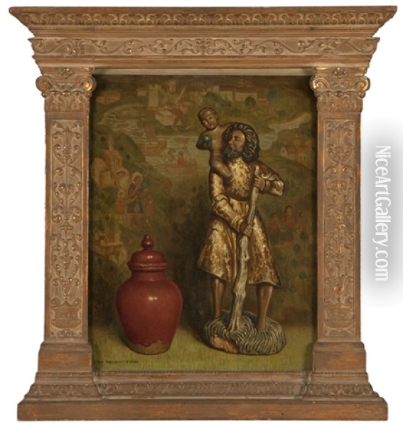 Saint Christopher, Ginger Pot And Statue Before A Tapestry Oil Painting - Stanilaus Poray