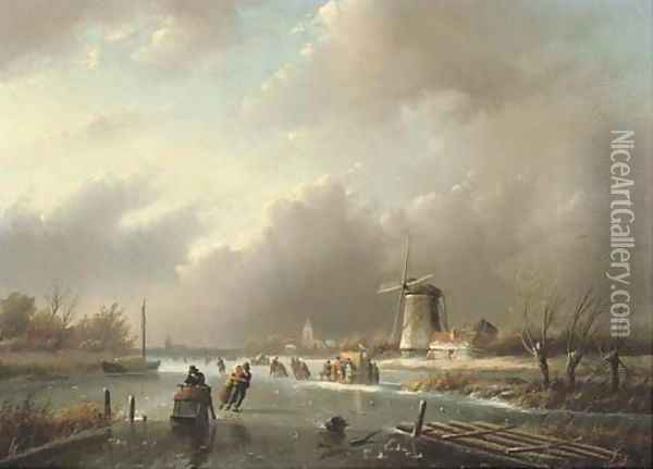 Ice-skating on a frozen river in winter Oil Painting - Jan Jacob Spohler