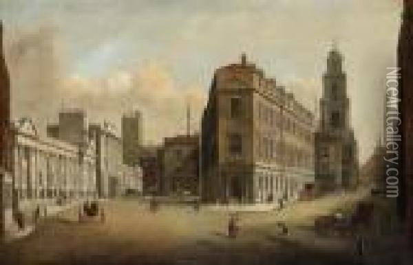Threadneedle Street And 
Cornhill, With The Bank Of England, St.bartholomew's Church, The State 
Lottery Office And The Royalexchange Oil Painting - William Marlow
