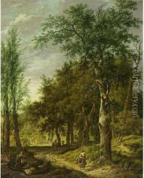A Wooded Landscape With A Woodcutter Resting On A Stump And Figures On A Path Oil Painting - Pieter Bartholomeusz. Barbiers IV
