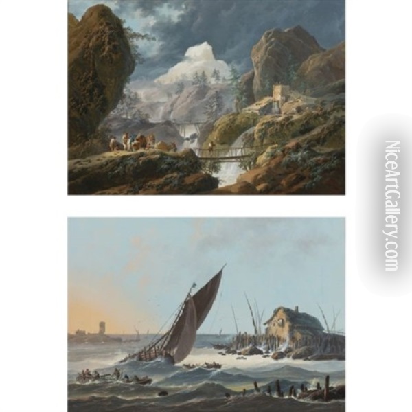 A Mountainous Landscape With Two Foot Bridges And Travelers (+ A View Of The Tagus, Portugal, With Ships And Boats In A Rough Sea; Pair) Oil Painting - Jean Baptiste Pillement