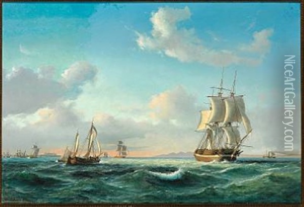 The Sailing Ship Johanna And Other Vessels In Sundet Off Kronborg Castle Oil Painting - Daniel Hermann Anton Melbye
