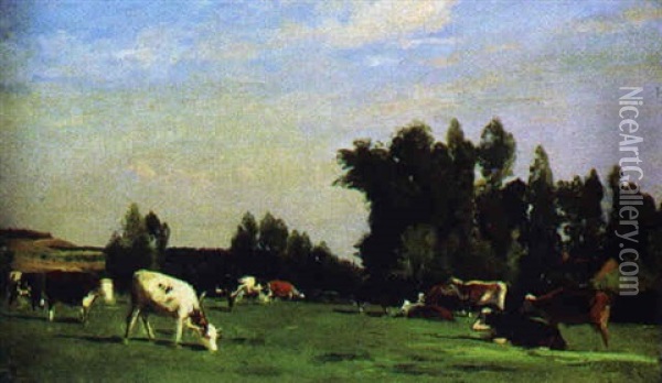 Landskap Med Kor Oil Painting - Eugene Antoine Samuel Lavieille