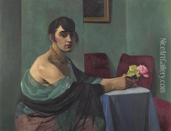Jeune Fille Aux Roses. 1920. Oil Painting - Felix Edouard Vallotton