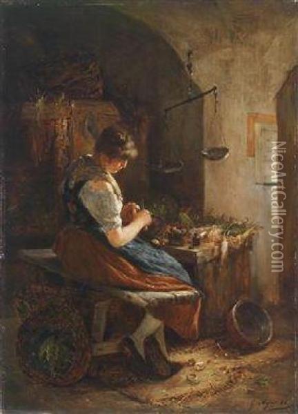 Girl In The Kitchen Oil Painting - Gustav Majer