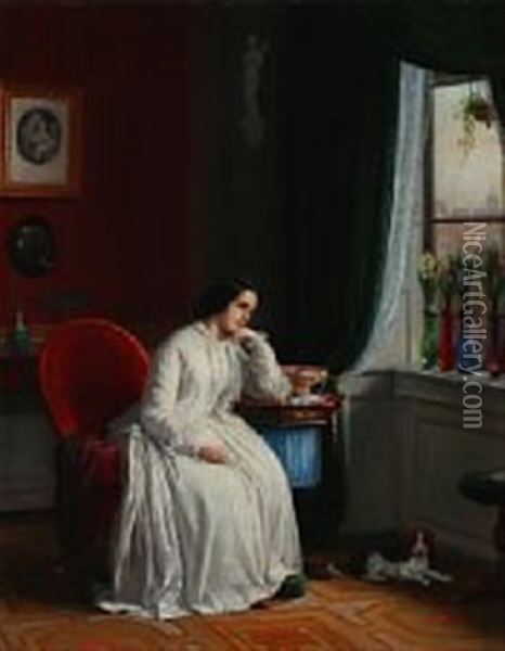 A Woman Looking Out Of The Window In Comtemplation Oil Painting - Julius Friedlaender