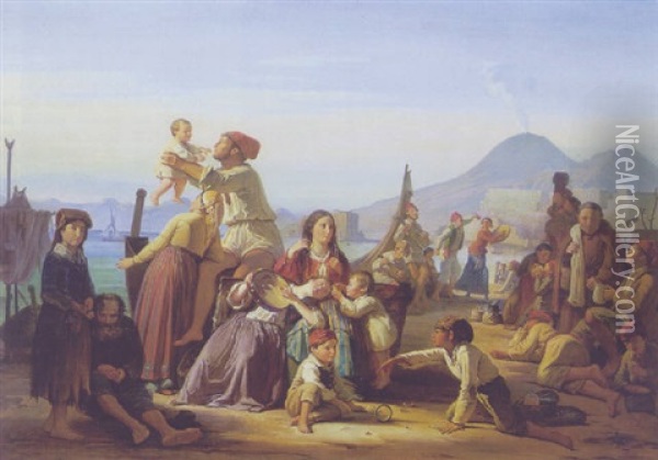 Italienske Fiskerfamilier, Der Holder Siesta Pa Stranden Ved Vesuv Oil Painting - Johan Zacharias Blackstadius