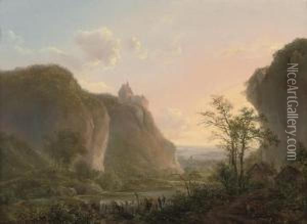 A Mountainous Wooded River Landscape With Travellers At Rest On A Track Oil Painting - Henri Van Assche