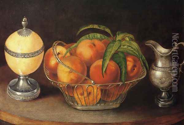 Basket of Peaches with Ostrich Egg and Cream Pitcher Oil Painting - Rubens Peale