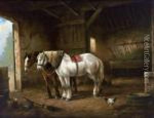 Stallinterieur Mit Zwei Arbeitspferden Oil Painting - Wouterus Verschuur