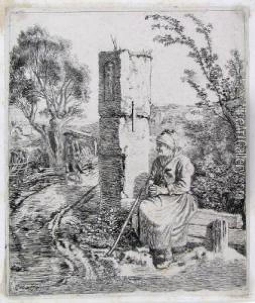 Die Neben Der Betsaule Sitzende Alte Frau. Oil Painting - Johann Christoph Erhard