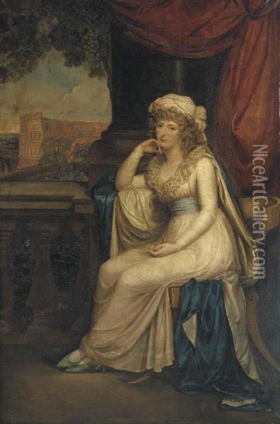 Portrait Of Lady Clifford, Full-length, Seated In A White Dresswith Blue Sash On A Klismos Chair On A Loggia Overlooking Thecolloseum Oil Painting - Robert Fagan