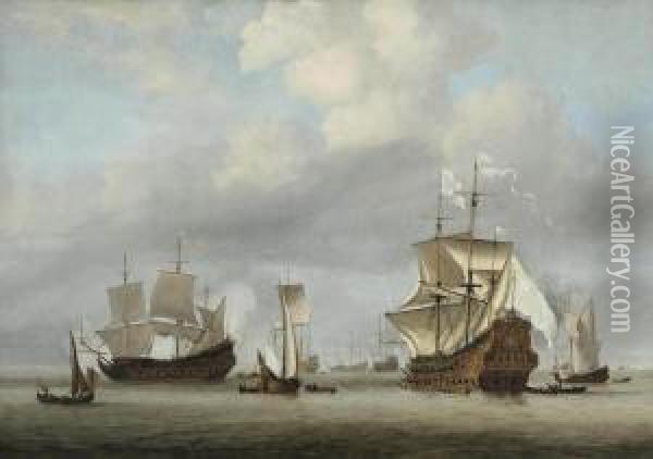 French Ships In Calm Waters In The Roadstead Of Texel Oil Painting - Willem van de, the Elder Velde