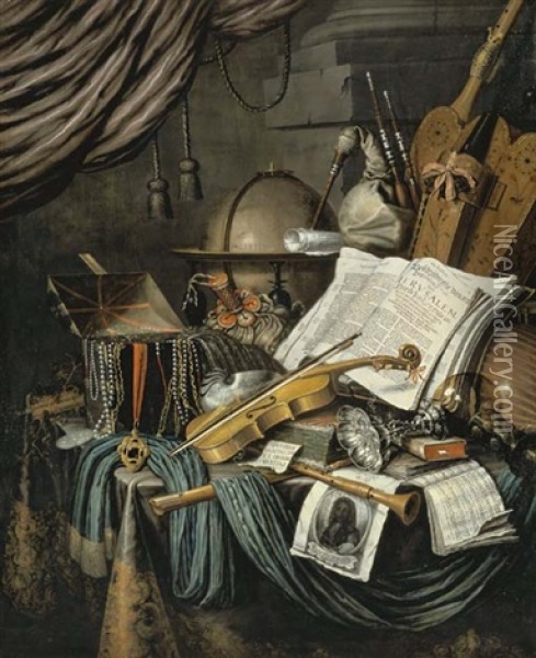 A Vanitas Still Life With A Globe, Jewels, Books, Musical Instruments, Including A Bagpipe, A Hurdy Gurdy, A Lute, A Violin, A Recorder And A Shawn, And A Print With A Self-portrait Of The Artist Oil Painting - Edward Collier