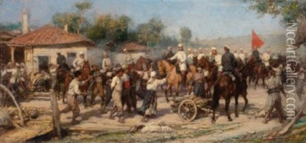 An Episode From The 1877-78 War: Russian Troops Liberate A Balkan Village From The Turks Oil Painting - Pavel Osipovich Kovalevsky