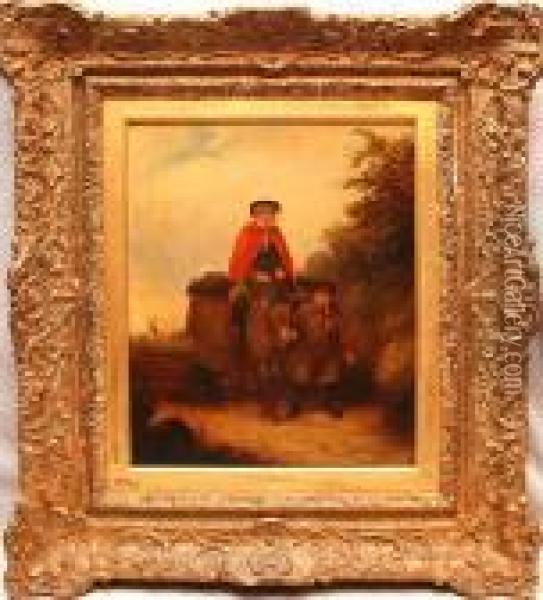 Woman On Donkey W/ Man On Path Oil Painting - William Joseph Shayer