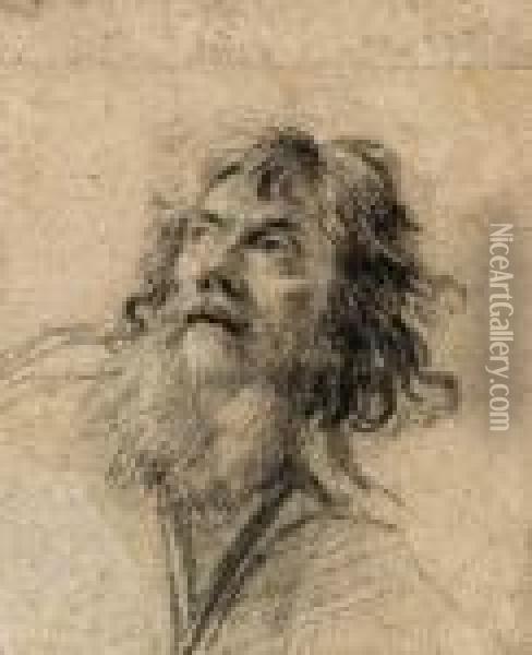 The Head Of A Bearded Man, Looking Up To The Left Oil Painting - Aubin Vouet