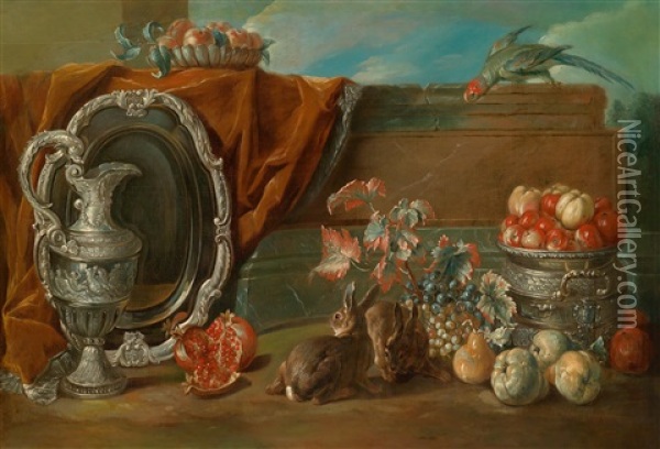 Ein Stillleben Mit Zwei Hasen, Einem Papagei, Fruchten Und Prunksilber Oil Painting - Claude Francois Desportes