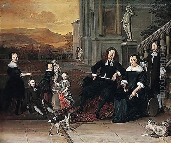 A Portrait Of A Family Group On A Terrace By An Elegant House, Possibly A Self-portrait With His Family Oil Painting - Eglon van der Neer