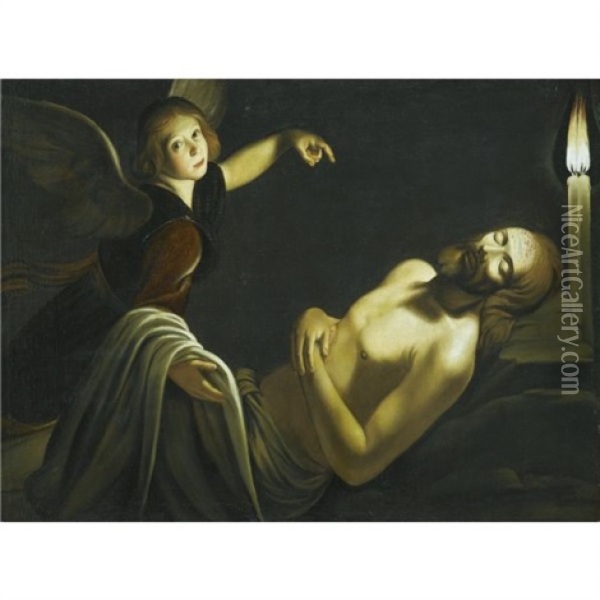 An Angel Watches Over The Dead Christ Oil Painting - Trophime (Theophisme) Bigot the Elder