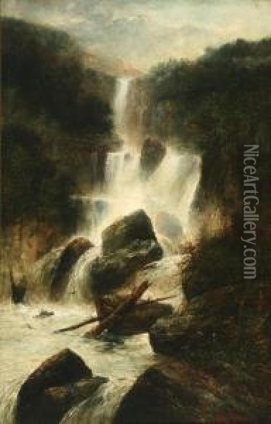 Mountain Landscape With Waterfall Oil Painting - Aanso Rodrick