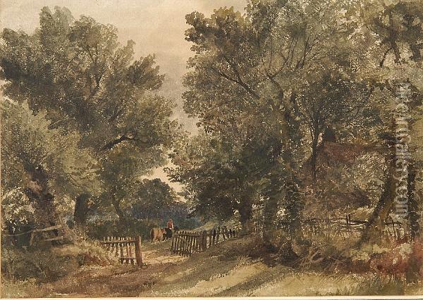 Figure And Cattle On A Woodland Path Oil Painting - Robert Leman