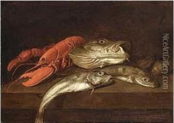 A Still Life A Lobster, A Cod And Other Fish, All On A Wooden Ledge Oil Painting - Jacobes Vonck