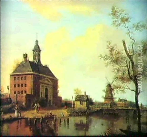 The Weeperpoort With The 'de Bul' Windmill Behind Oil Painting - Jan Ekels the Elder