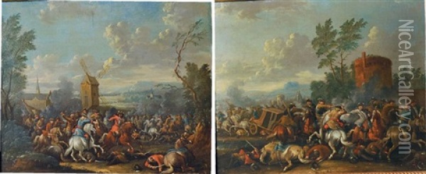 Escarmouche De Cavaliers Devant Un Moulin (+ L'attaque Du Convoi; 2 Works) Oil Painting - Jan-Peter van Bredael the Younger