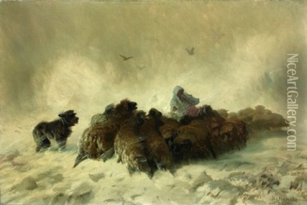 Le Troupeau De Moutons Dans La Tempete Oil Painting - August Friedrich Albrecht Schenck