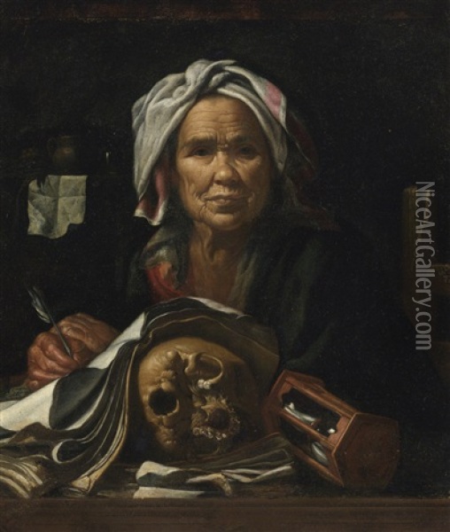 An Old Philosopher At Her Desk, With A Vanitas Skull And An Hourglass Oil Painting - Pietro Bellotti