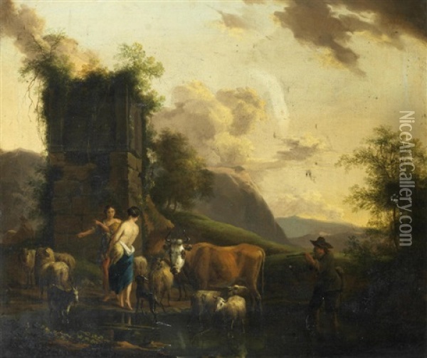 An Italianate Landscape With Drovers With Their Herd Oil Painting - Sebastiaen (Bastiaen) Heemskerck