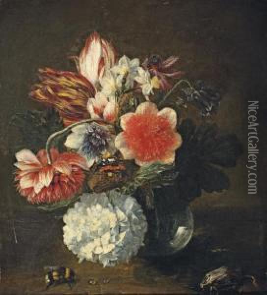 Tulips, Narcissi, 
Chrysanthemums, A Snowball And Other Flowers In A Glass Vase, On A Ledge
 With A Beetle, A Bumblebee And A Red Admiral Butterfly Oil Painting - Pieter Snyers