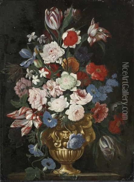 Tulips, Convolvulus, Chrysanthemums And Other Flowers Oil Painting - Francesco Mantovano