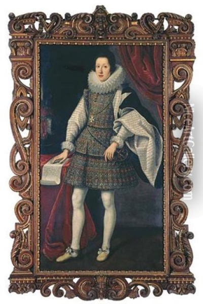 Portrait Of Ferdinando Ii De' Medici In A Gold Embroidered Dress With Lace Ruff Collar, Wearing The Order Of Santo Stefano, With His Right Hand Resting On The Plan Of A Fortress Oil Painting - Matteo Rosselli