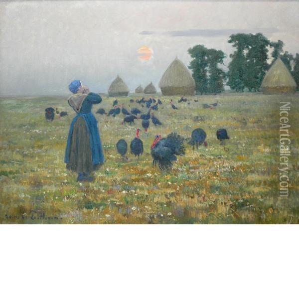 Farm Woman Calling The Turkeys Oil Painting - Louis Le Poittevin