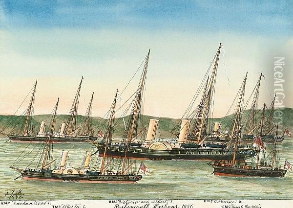 H.m.s. 'enchantress', H.m.s. 
'victoria' And 'albert 2', H.m.s. 'alberta' And H.m.s. 'royal George' In
 Portsmouth Harbour 1886, And A Set Of 6 Others Oil Painting - James Scott Maxwell