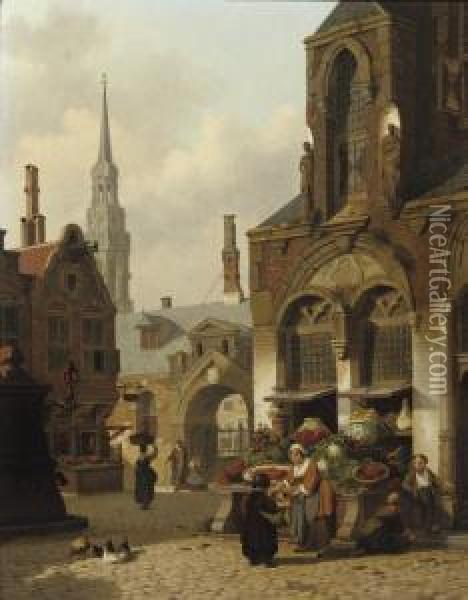 A Market Stall In A Sunlit Street Oil Painting - Jan Hendrik Verheijen
