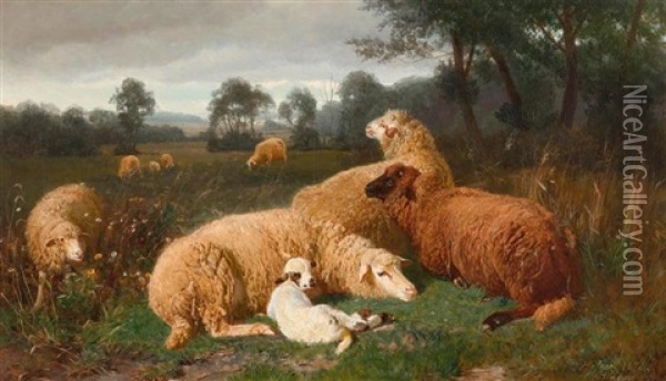Ruhende Schafe In Aresinger Landschaft Oil Painting - Johann Baptist Hofner
