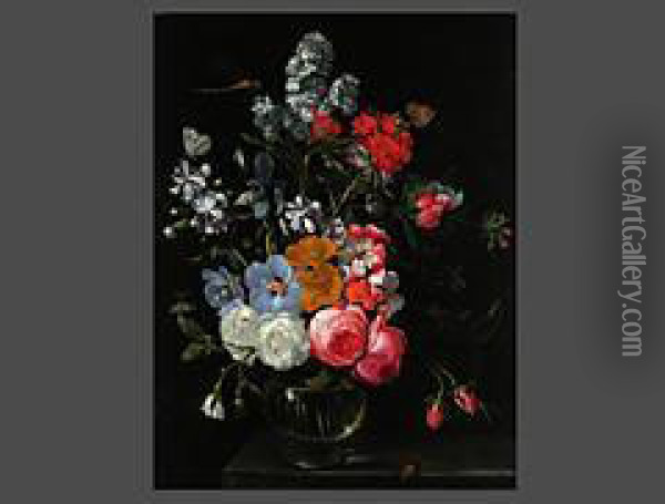 Bouquet Von Gartenblumen In Vase
Mit Libelle, Schmetterling Und Kafern Oil Painting - Caspar Pieter I Verbrugghen