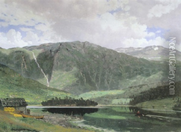 Gebirgslandschaft Mit Stillem See Und Ruderer Oil Painting - Rasmus Christiansen