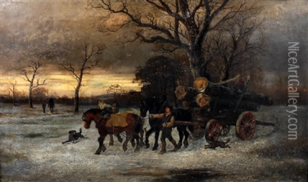 Timber Wagon In The Snow Oil Painting - Alexis de Leeuw